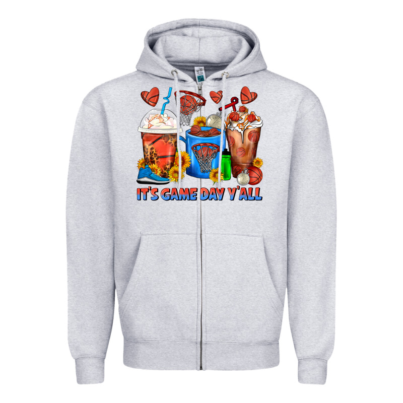 It's Game Day Y'all Basketball Coffee Cups Zipper Hoodie by FaDigitalArtStudio | Teevron