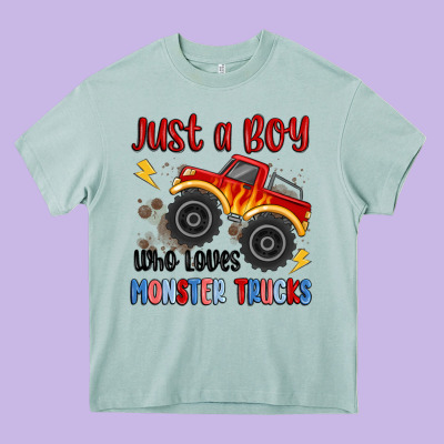 Just A Boy Who Loves Monster Trucks Heavy Core Tee Designed By Maliassmallbusiness