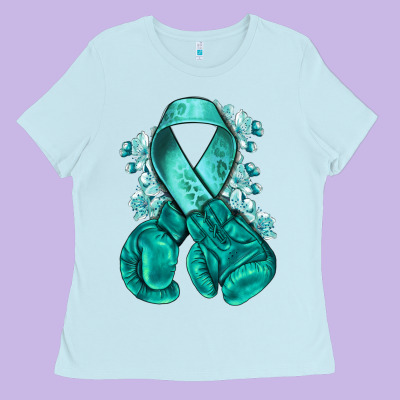 Ovarian Cancer Teal Ribbon With Boxing Gloves Ladies Tee Designed By Nancycooperartshop