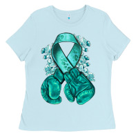 Baby Blue Ovarian Cancer teal ribbon with boxing gloves Ladies Tee - NancyCooperArtShop