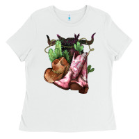 White cowgirl boots hat horns cactus Ladies Tee - NancyCooperArtShop