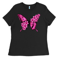 Black Floral pink butterfly Ladies Tee - NancyCooperArtShop