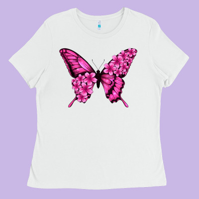 Floral Pink Butterfly Ladies Tee Designed By Nancycooperartshop