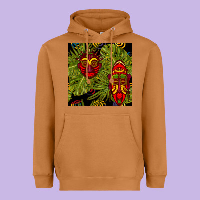 African Masks And Monstera Leaf Seamless Pattern Heavyweight Hoodie Designed By Bundleandbundleshop