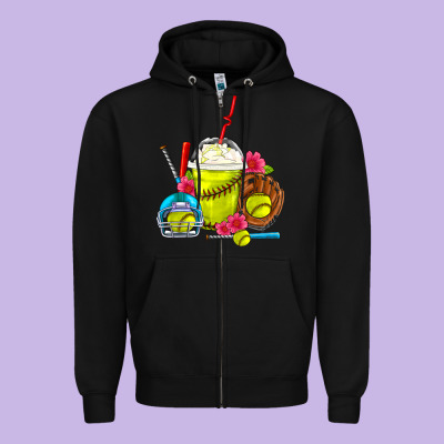 Softball Frappe Coffee Zipper Hoodie Designed By Fadigitalartstudio