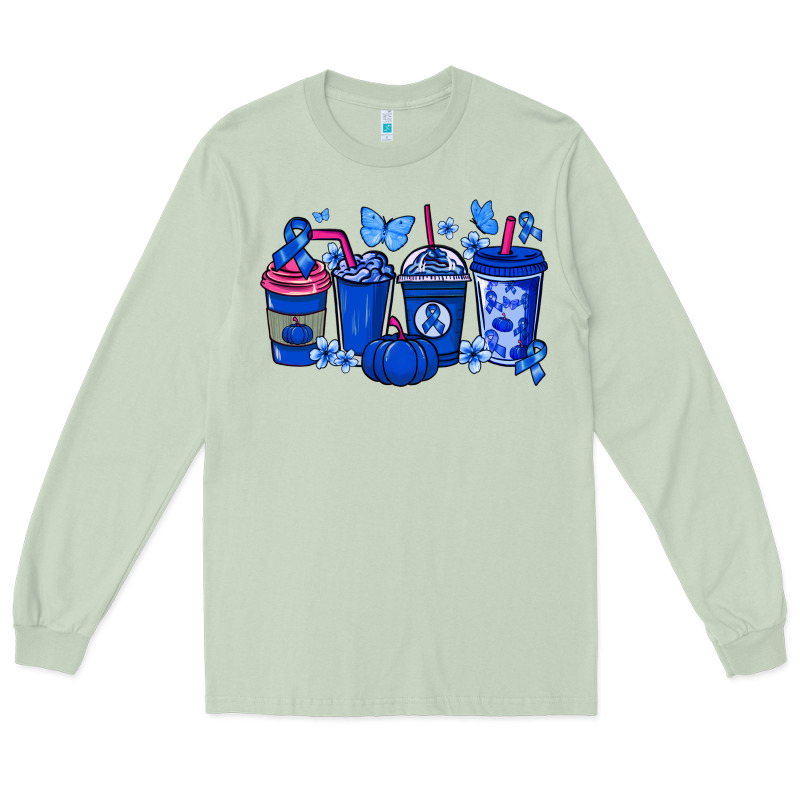 Colon Cancer Coffee Cups Blue Ribbon Long Sleeve Tee by NancyCooperArtShop | Teevron