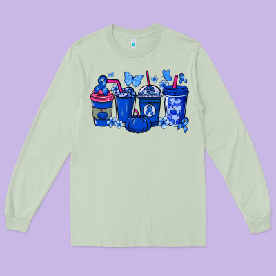 Colon Cancer Coffee Cups Blue Ribbon Long Sleeve Tee Designed By Nancycooperartshop