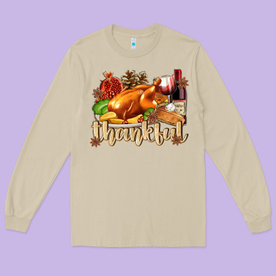 Thankful With Turkey Long Sleeve Tee Designed By Texasbilliewilder