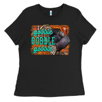 Black Thanksgiving Turkey Gobble Gobble Ladies Tee - NancyCooperArtShop