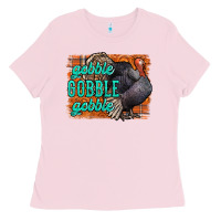 Bubblegum Pink Thanksgiving Turkey Gobble Gobble Ladies Tee - NancyCooperArtShop