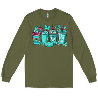 Army Green Ovarian Cancer coffee cups teal ribbon Long Sleeve Tee - NancyCooperArtShop