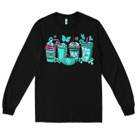 Black Ovarian Cancer coffee cups teal ribbon Long Sleeve Tee - NancyCooperArtShop