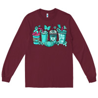 Burgundy Ovarian Cancer coffee cups teal ribbon Long Sleeve Tee - NancyCooperArtShop
