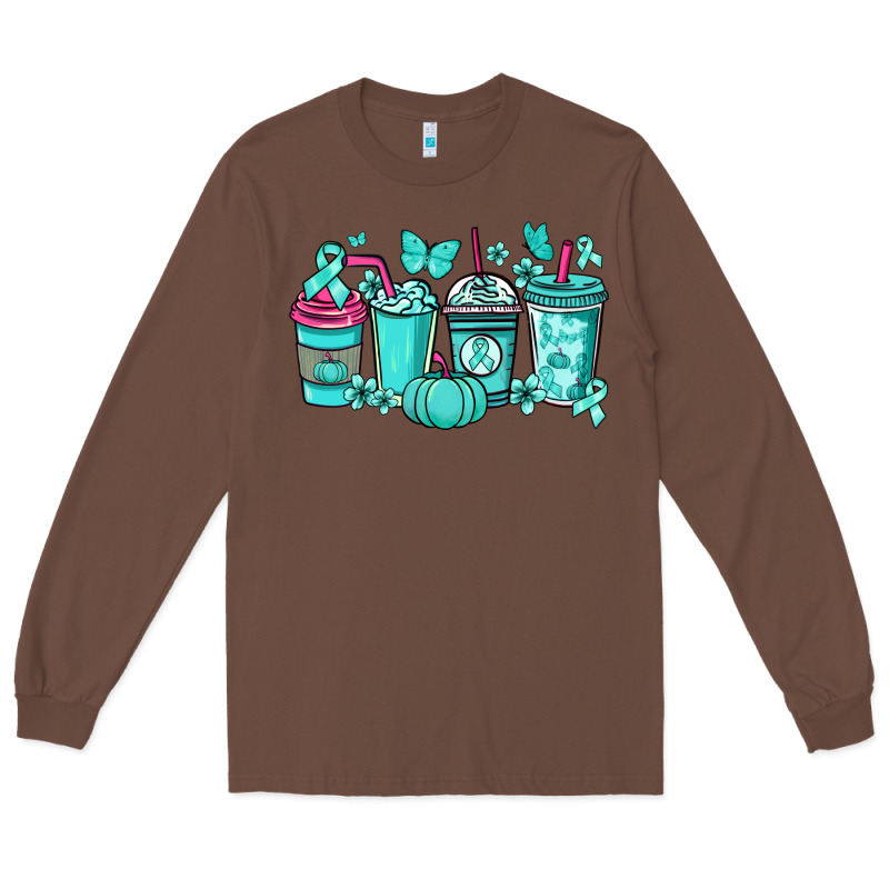 Ovarian Cancer Coffee Cups Teal Ribbon Long Sleeve Tee by NancyCooperArtShop | Teevron