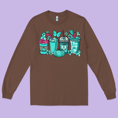 Ovarian Cancer Coffee Cups Teal Ribbon Long Sleeve Tee Designed By Nancycooperartshop