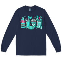Navy Ovarian Cancer coffee cups teal ribbon Long Sleeve Tee - NancyCooperArtShop