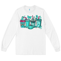 White Ovarian Cancer coffee cups teal ribbon Long Sleeve Tee - NancyCooperArtShop