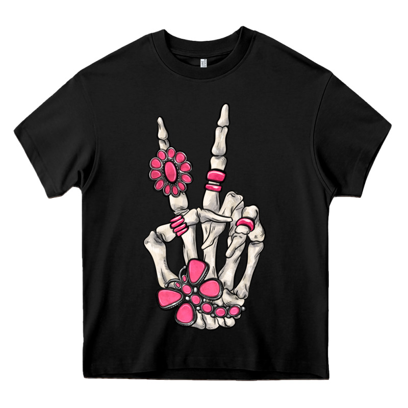 Pink Gemstone Peace Skeleton Hand Heavy Core Tee by MaliasSmallBusiness | Teevron