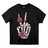 Black pink gemstone peace skeleton hand Heavy Core Tee - MaliasSmallBusiness