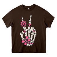Chocolate Brown pink gemstone peace skeleton hand Heavy Core Tee - MaliasSmallBusiness