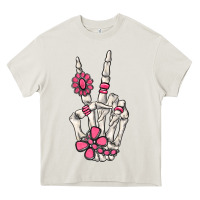 Cream pink gemstone peace skeleton hand Heavy Core Tee - MaliasSmallBusiness