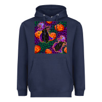 Navy witchy cat and pumpkins seamless paternal Heavyweight Hoodie - BundleAndBundleShop