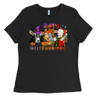 Black Happy Hallothanksmas goats Ladies Tee - NancyCooperArtShop