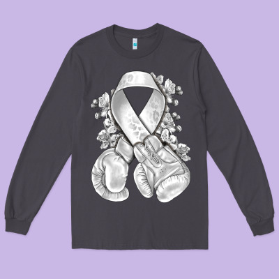 Lung Cancer White Ribbon With Boxing Gloves Long Sleeve Tee Designed By Nancycooperartshop