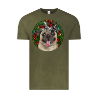 Vintage Olive Christmas Pug With Buffalo Plaid Vintage Tee - RanaPortraitStore
