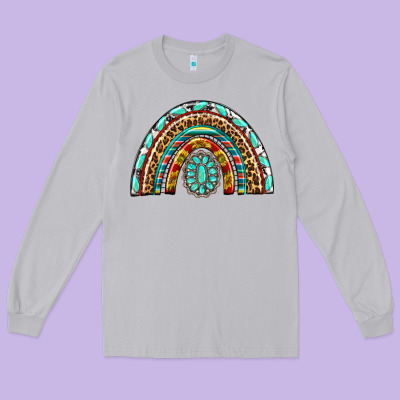 Western Rainbow With Leopard And Gemstone Long Sleeve Tee Designed By Texasbilliewilder