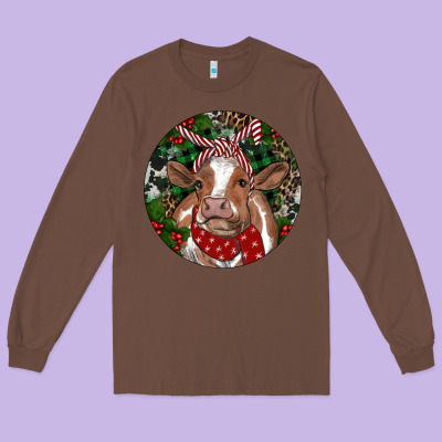 Brown Cow Christmas Long Sleeve Tee Designed By Ranaportraitstore