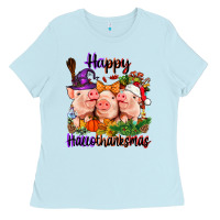 Baby Blue Happy Hallothanksmas Pigs Ladies Tee - NancyCooperArtShop