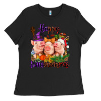 Black Happy Hallothanksmas Pigs Ladies Tee - NancyCooperArtShop