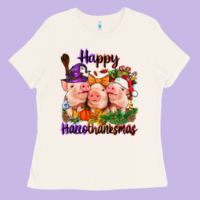 Happy Hallothanksmas Pigs Ladies Tee Designed By Nancycooperartshop