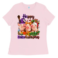 Bubblegum Pink Happy Hallothanksmas Pigs Ladies Tee - NancyCooperArtShop