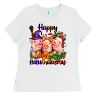 White Happy Hallothanksmas Pigs Ladies Tee - NancyCooperArtShop
