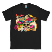 Black mexican skull sombrero tequila bottle paper roses Classic Tee - Artiststas