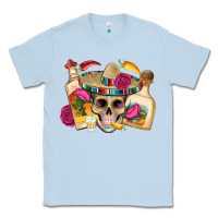 Dusty Blue mexican skull sombrero tequila bottle paper roses Classic Tee - Artiststas