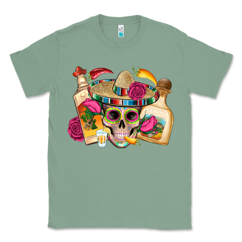 Mexican Skull Sombrero Tequila Bottle Paper Roses Classic Tee by Artiststas | Teevron