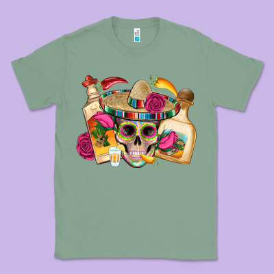 Mexican Skull Sombrero Tequila Bottle Paper Roses Classic Tee Designed By Artiststas