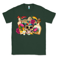 Sports Green mexican skull sombrero tequila bottle paper roses Classic Tee - Artiststas