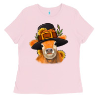 Bubblegum Pink Thanksgiving Cow Ladies Tee - NancyCooperArtShop