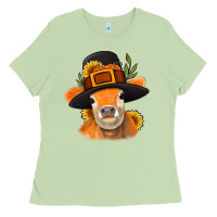 Matcha Thanksgiving Cow Ladies Tee - NancyCooperArtShop