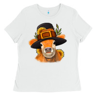 White Thanksgiving Cow Ladies Tee - NancyCooperArtShop