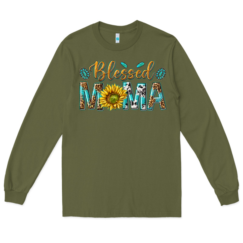 Western Blessed Mama With Leopard And Sunflower Long Sleeve Tee by texasbilliewilder | Teevron