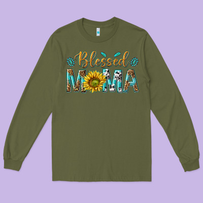 Western Blessed Mama With Leopard And Sunflower Long Sleeve Tee Designed By Texasbilliewilder
