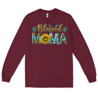 Burgundy Western Blessed Mama with Leopard and Sunflower Long Sleeve Tee - texasbilliewilder