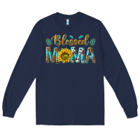 Navy Western Blessed Mama with Leopard and Sunflower Long Sleeve Tee - texasbilliewilder