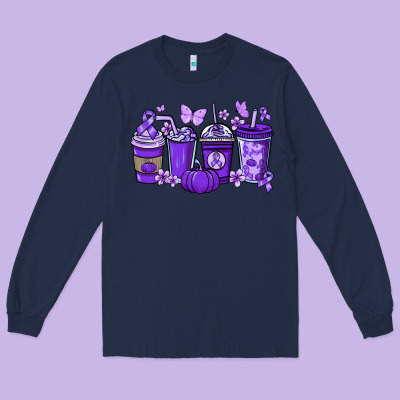 Cancer Coffee Cups Purple Ribbon Long Sleeve Tee Designed By Nancycooperartshop