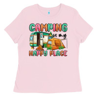 Bubblegum Pink camping is my happy place Ladies Tee - MaliasSmallBusiness